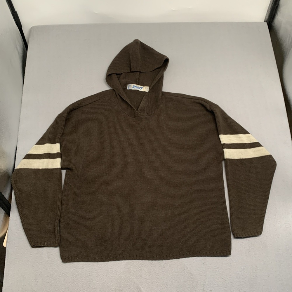Vintage Knit Hoodie Sweater Mens L Brown Pullover 90s Streetwear Racing Stripes‎